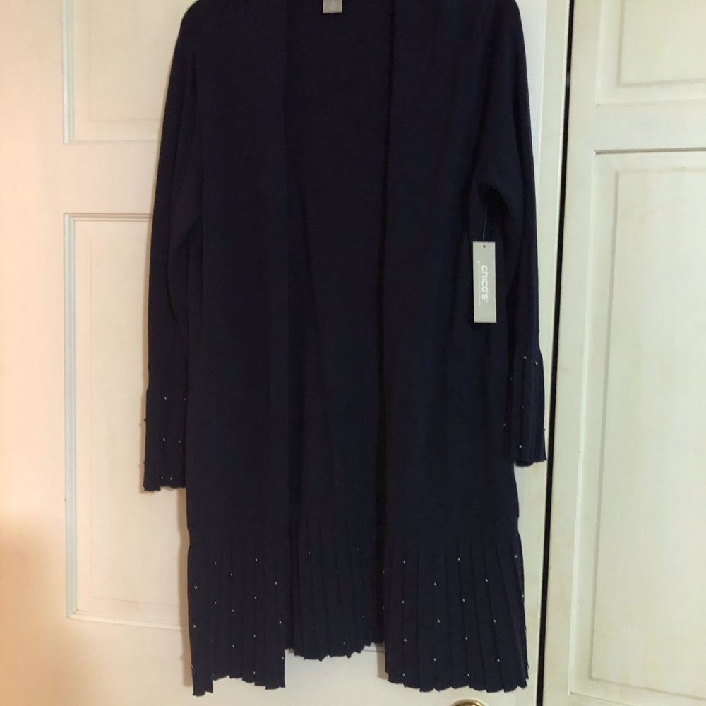 Navy beaded duster cardigan with pleated bottom and sleeves with beads
